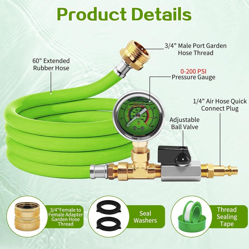 HFVSLFA RV Winterizing Kit with Pressure Gauge, 60inch RV Winterize Hose with 3/4" GHT Blow Out Fitting Adaptor & 1/4" Quick Connect Plug, Sprinkler Winterization for RV, Camper, Boat, Travel Trailer, Green - Image 4